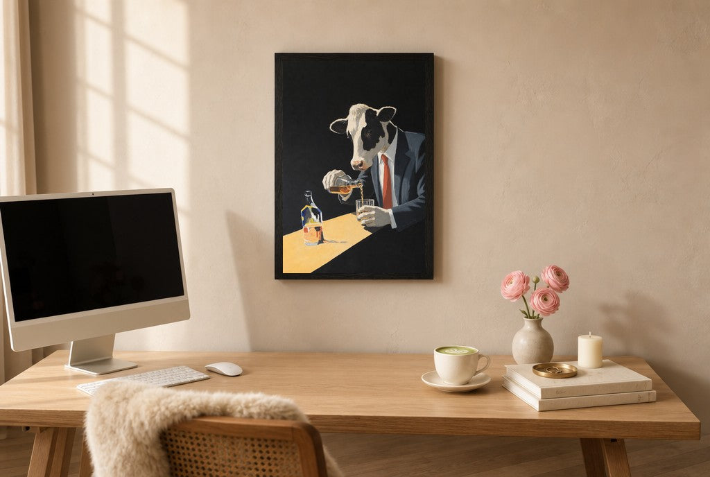 Framed Two Fingers, Neat hung above a mid-century walnut console with ceramics.