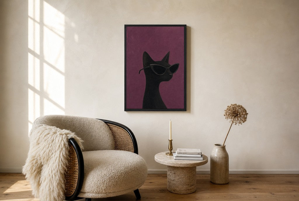 Oversized Black Cat, Cat-Eye leaning at the baseboard of a sunlit living room.