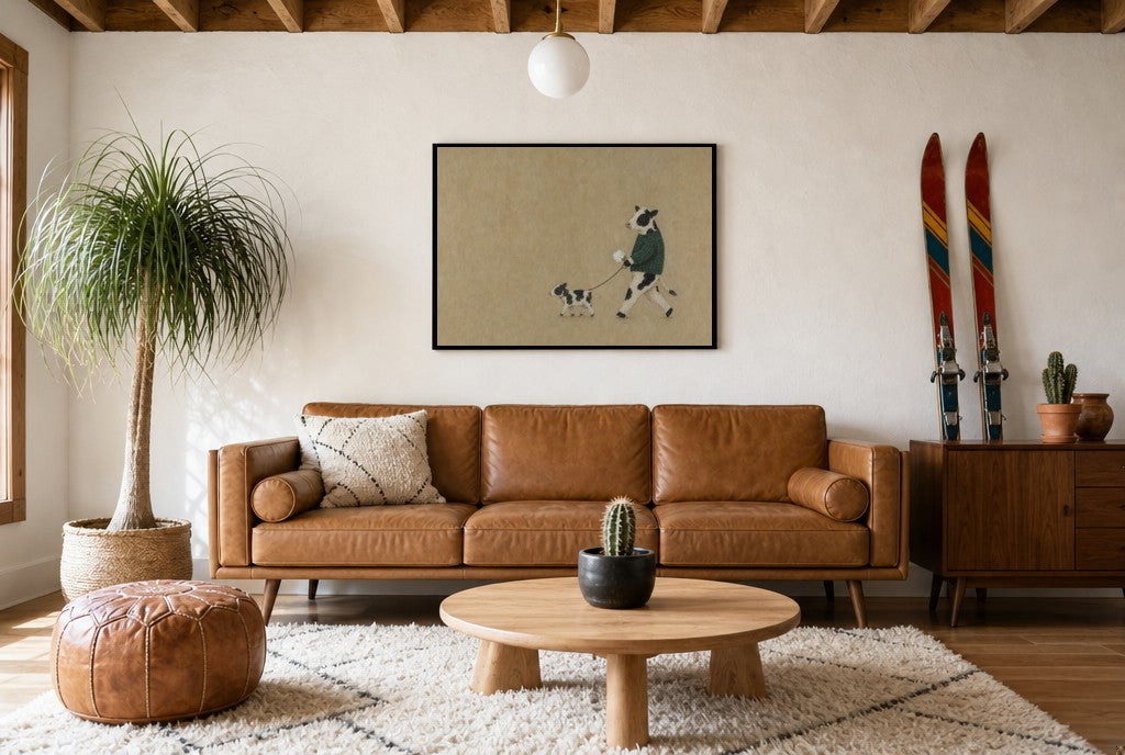 Framed Just the Two of Us hung above a mid-century walnut console with ceramics.