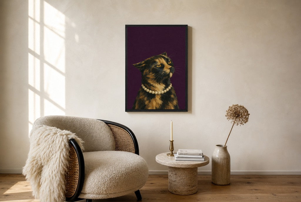 Oversized Tortoiseshell, Pearls leaning at the baseboard of a sunlit living room.