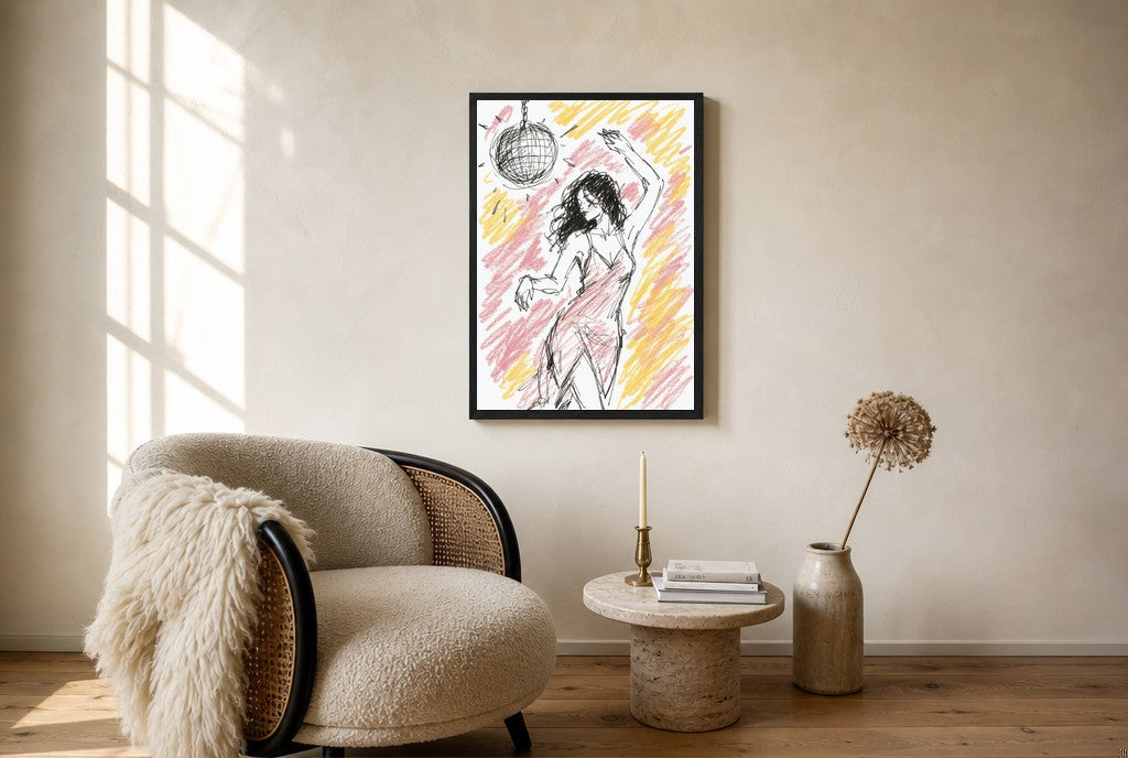 Oversized Disco Ball, Crayon leaning at the baseboard of a sunlit living room.
