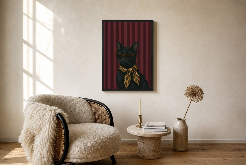 Oversized Cat, Leopard Scarf leaning at the baseboard of a sunlit living room.