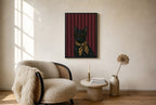 Oversized Cat, Leopard Scarf leaning at the baseboard of a sunlit living room.