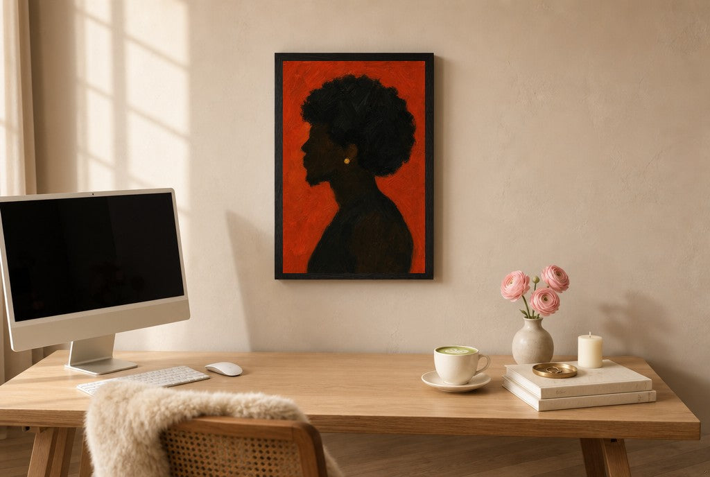 Dark Afro, Burnt Orange, above mid-century console