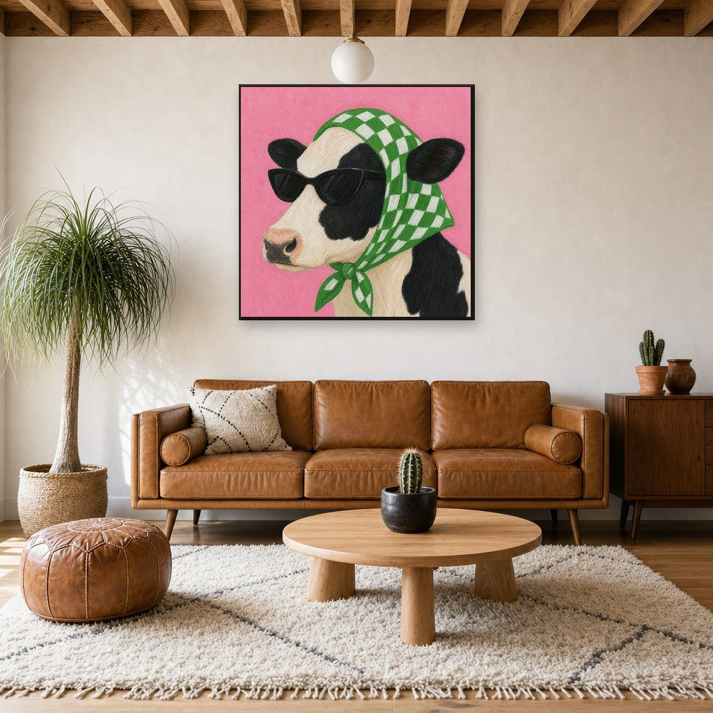 Framed Off-Duty hung above a mid-century walnut console with ceramics.