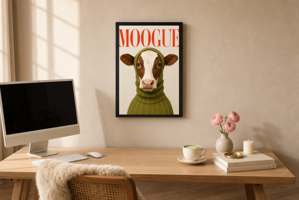 Framed MOOGUE hung above a mid-century walnut console with ceramics.