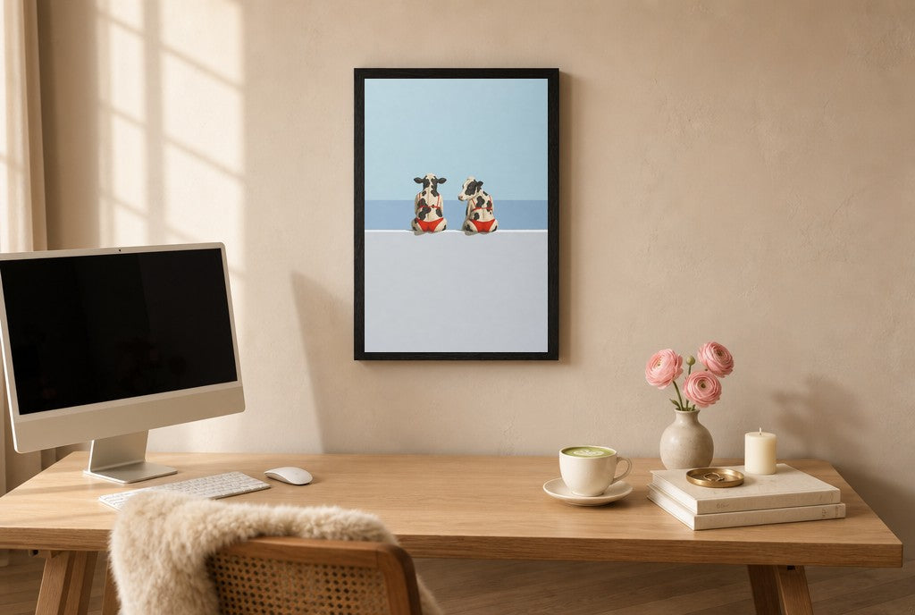 Framed Best Friends in Red hung above a mid-century walnut console with ceramics.