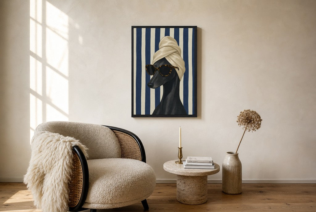 Oversized Greyhound, Hair Towel leaning at the baseboard of a sunlit living room.