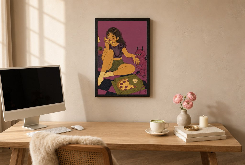 Pizza for One (Plus Him), above mid-century console