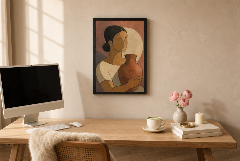 Woman With a Pot, above mid-century console