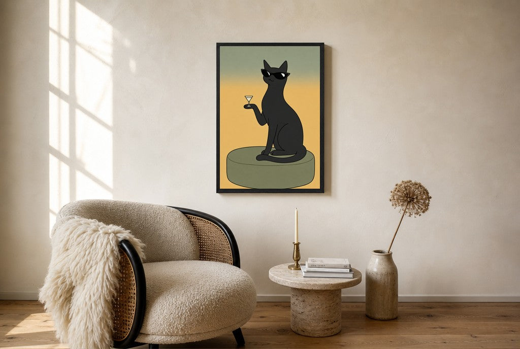 Oversized Cat, Martini, Sunglasses leaning at the baseboard of a sunlit living room.