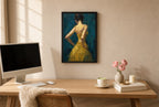 Gold Dress, Teal, above mid-century console