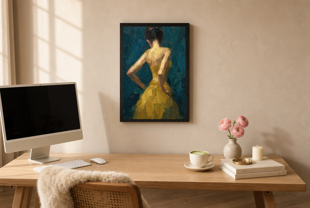 Gold Dress, Teal, above mid-century console