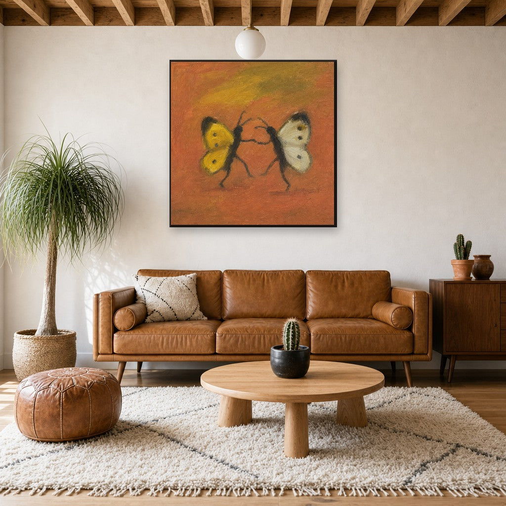 Two Butterflies, above mid-century console