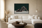 Oversized Black Heel, Teal leaning at the baseboard of a sunlit living room.