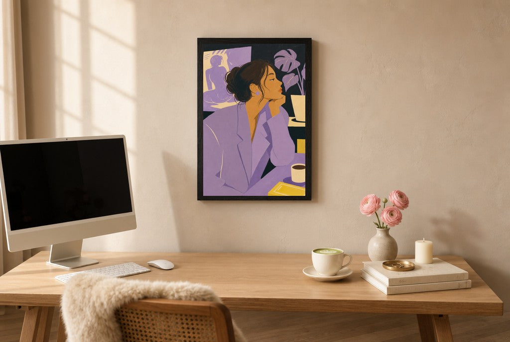Lavender, Thinking, above mid-century console