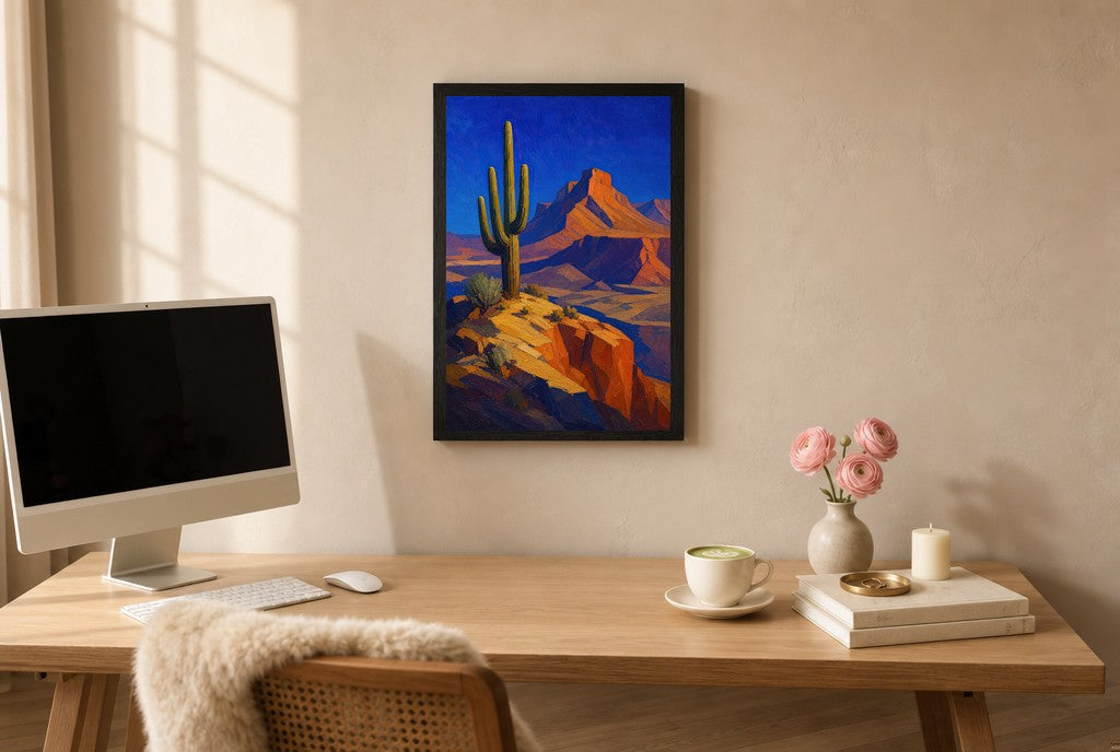One Cactus, No Apologies, above mid-century console