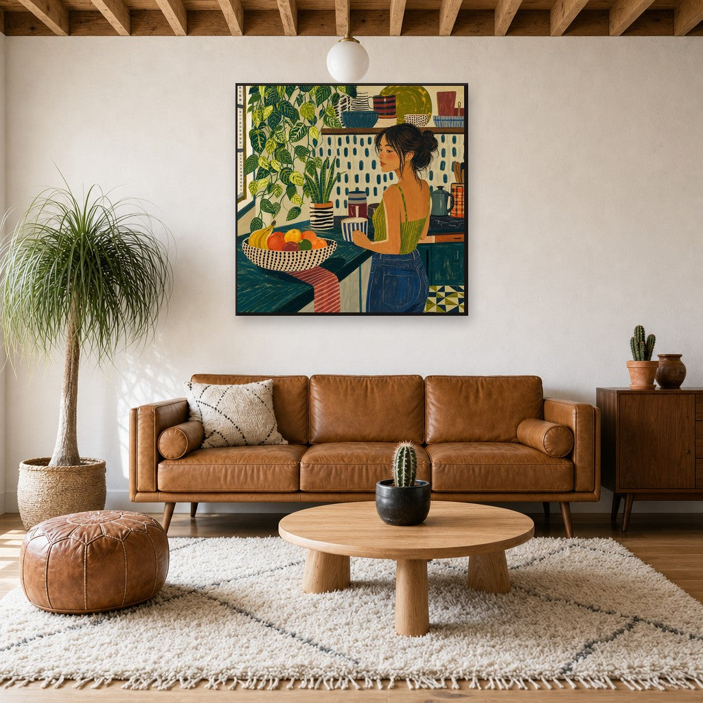 Coffee Before Words, above mid-century console