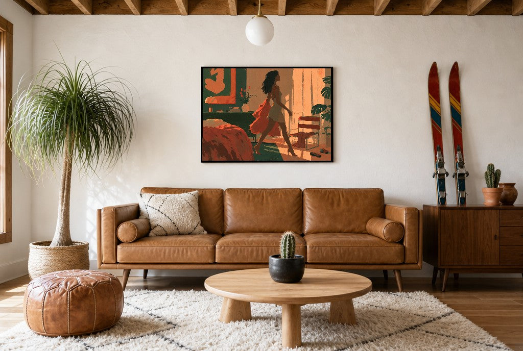 Out the Door in Coral, above mid-century console