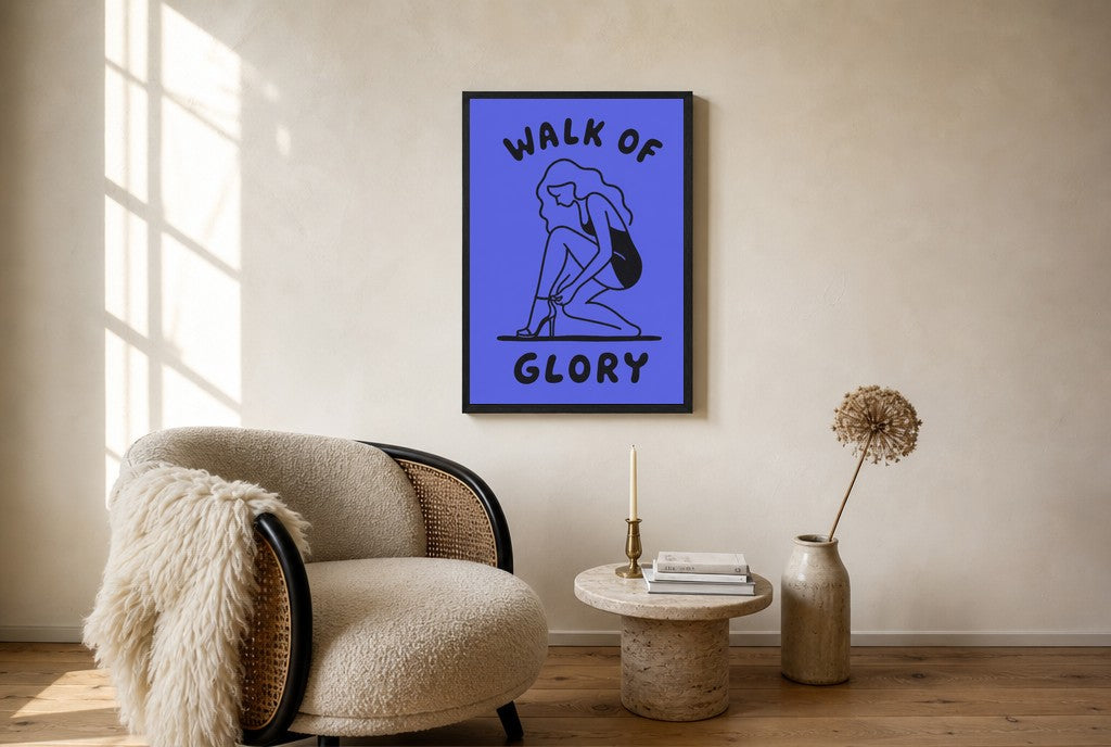 Oversized Walk of Glory leaning at the baseboard of a sunlit living room.