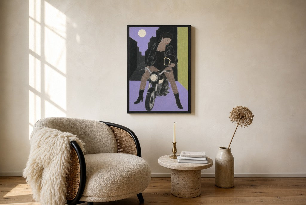 Oversized Motorcycle, Moonlit leaning at the baseboard of a sunlit living room.