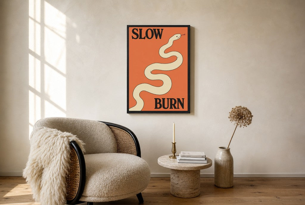 Oversized Slow Burn leaning at the baseboard of a sunlit living room.