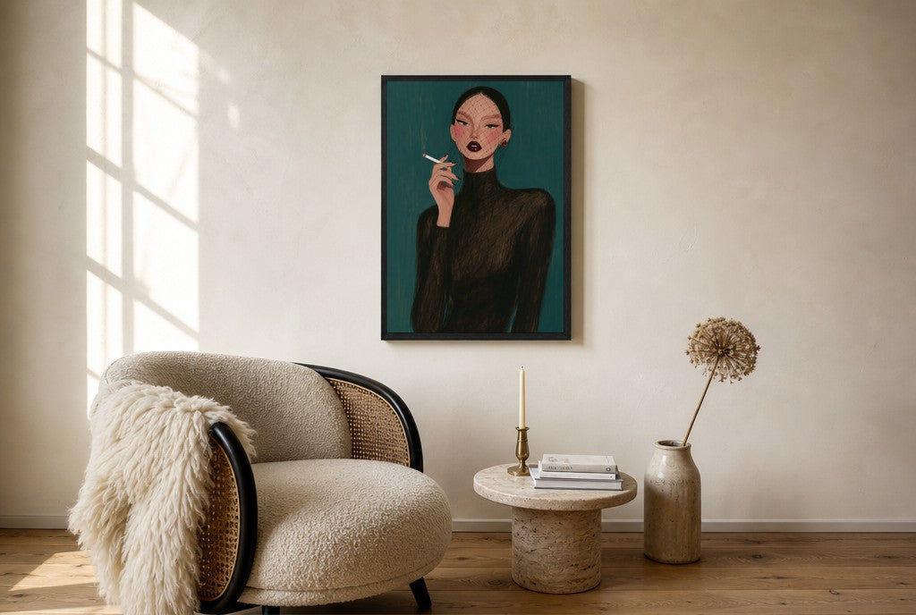 Oversized Fishnet Veil, Teal leaning at the baseboard of a sunlit living room.