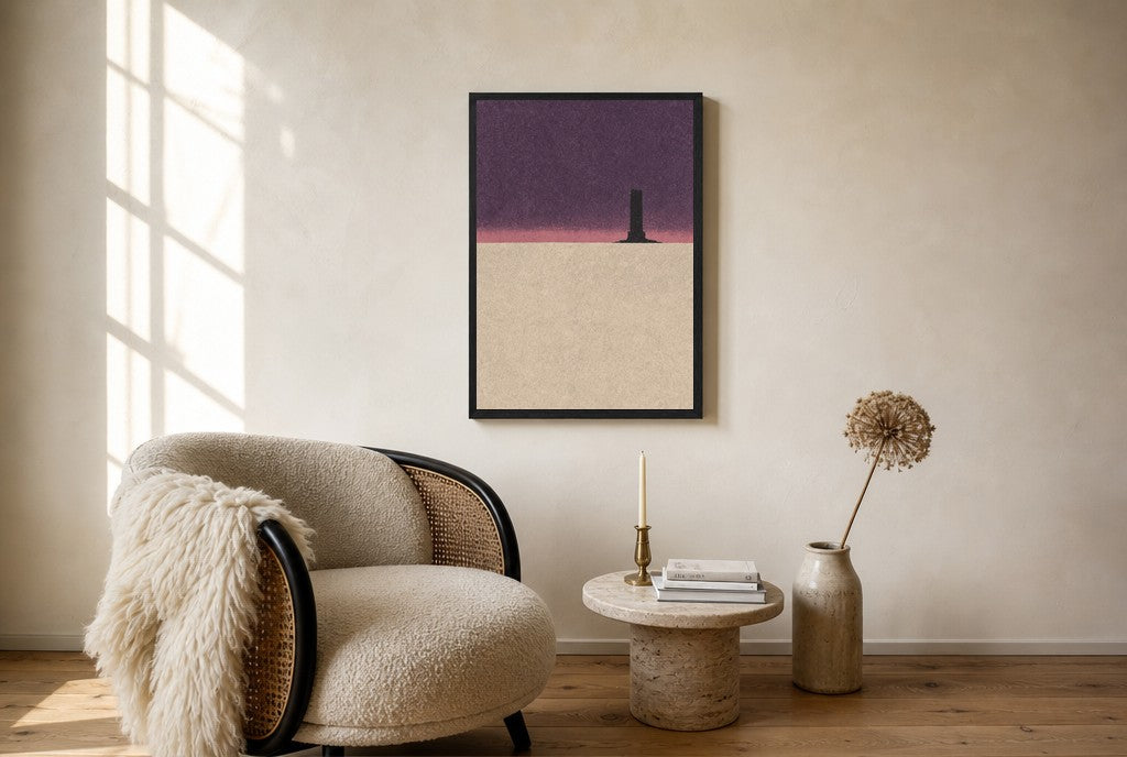 Oversized Lone Tower, Pink Sky leaning at the baseboard of a sunlit living room.