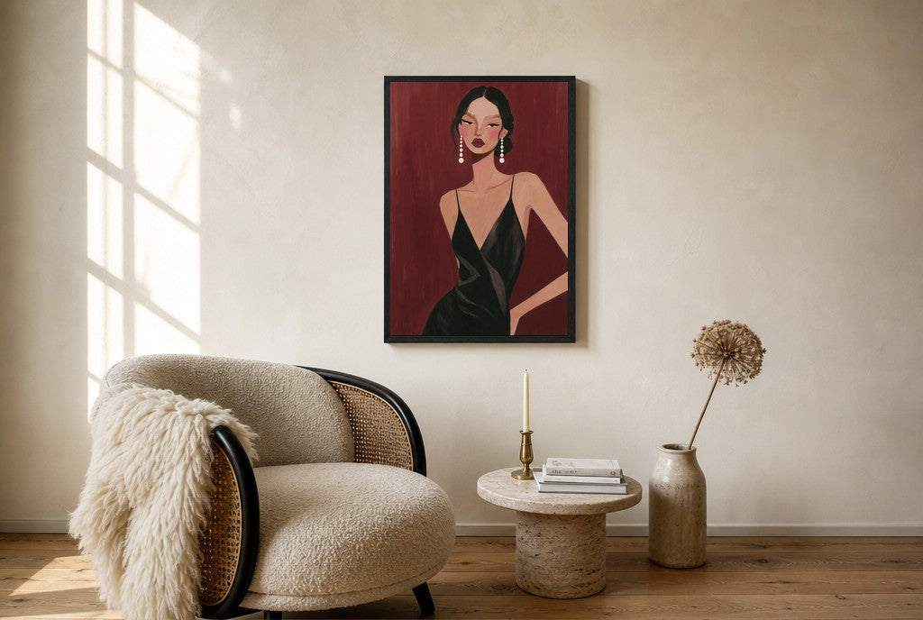 Oversized Slip Dress, Oxblood leaning at the baseboard of a sunlit living room.