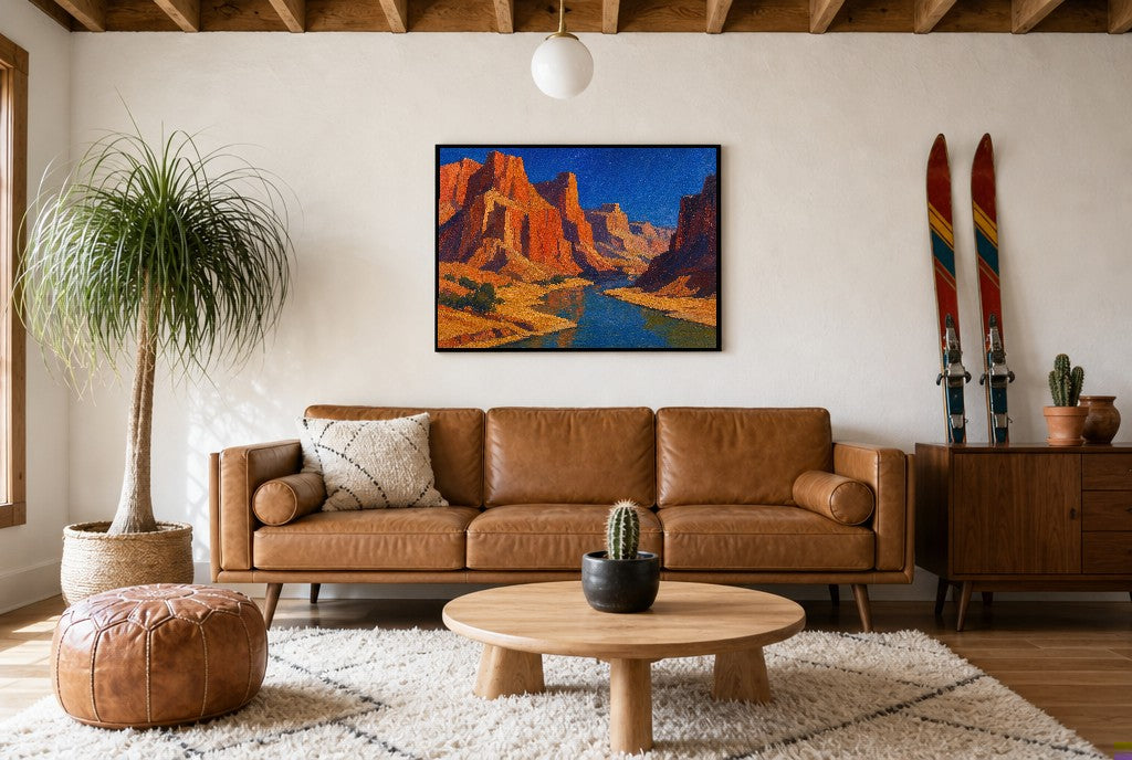The River Cuts Anyway, above mid-century console