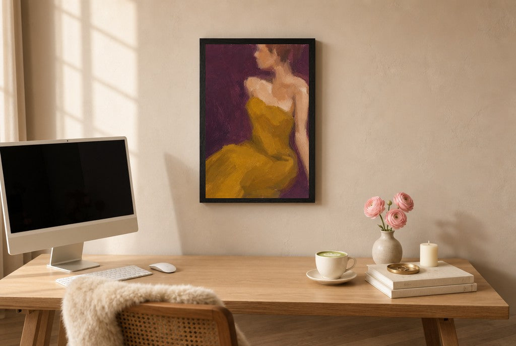 Mustard Dress, Plum, above mid-century console