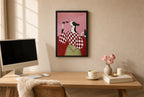 Framed House Red, Straight from the Bottle hung above a mid-century walnut console with ceramics.