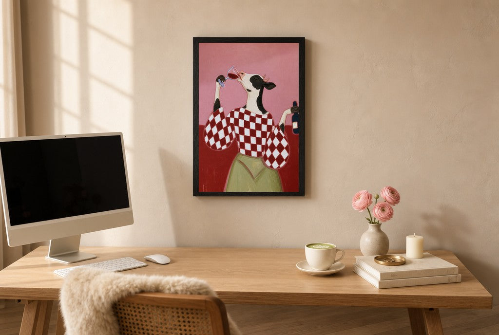 Framed House Red, Straight from the Bottle hung above a mid-century walnut console with ceramics.
