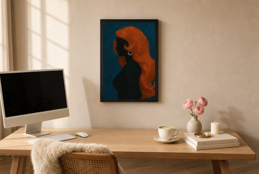 Copper Hair, Teal, above mid-century console