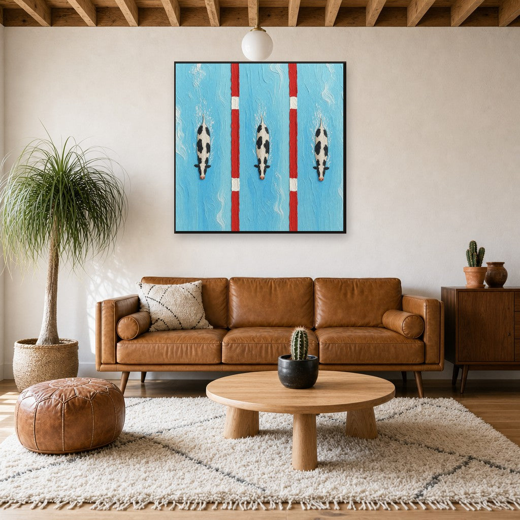 Framed Lane Three hung above a mid-century walnut console with ceramics.