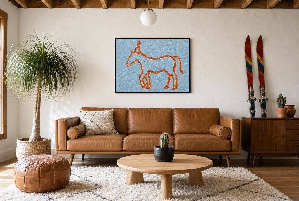 Line Horse, Party Hat, above mid-century console