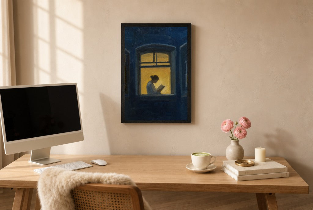 Blue Night, Reader, above mid-century console