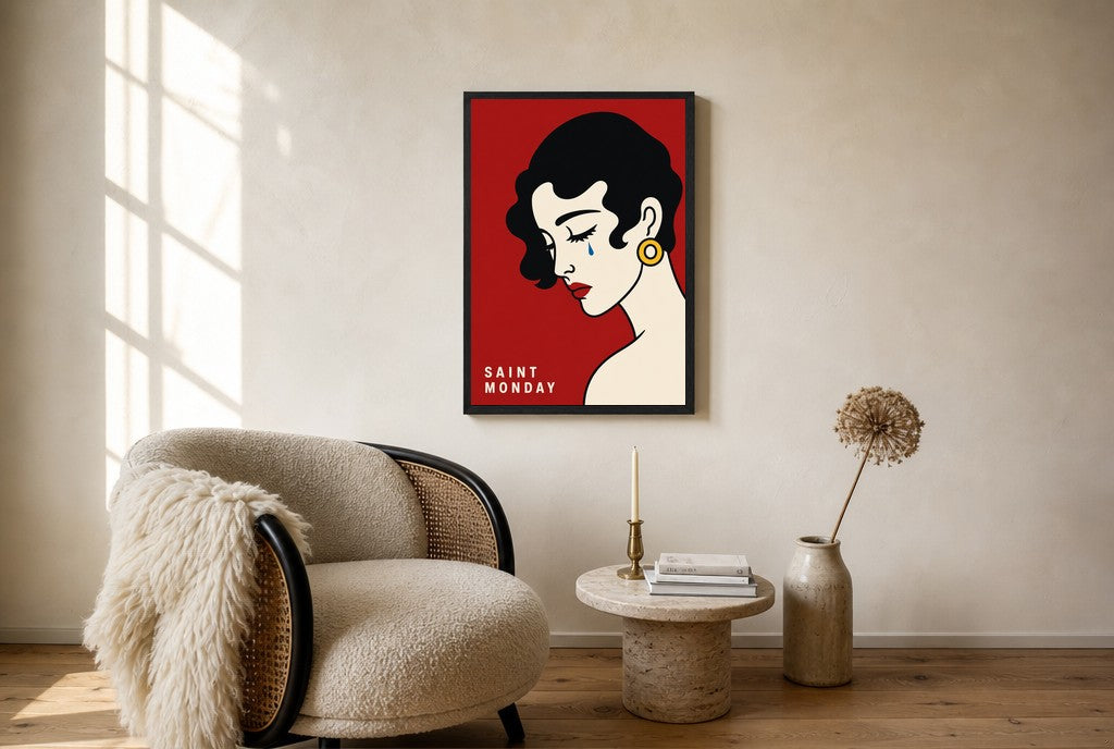 Oversized Saint Monday leaning at the baseboard of a sunlit living room.