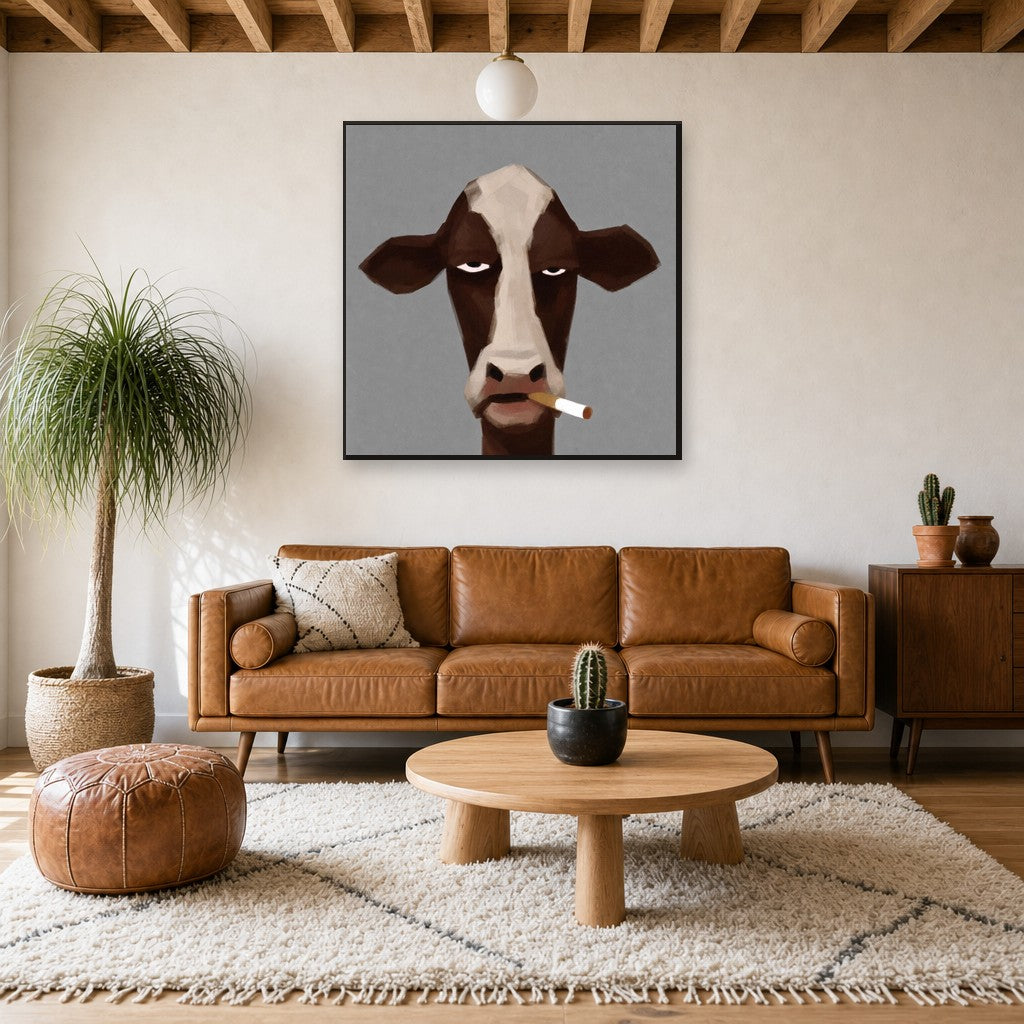 Framed Cigarette, Square hung above a mid-century walnut console with ceramics.
