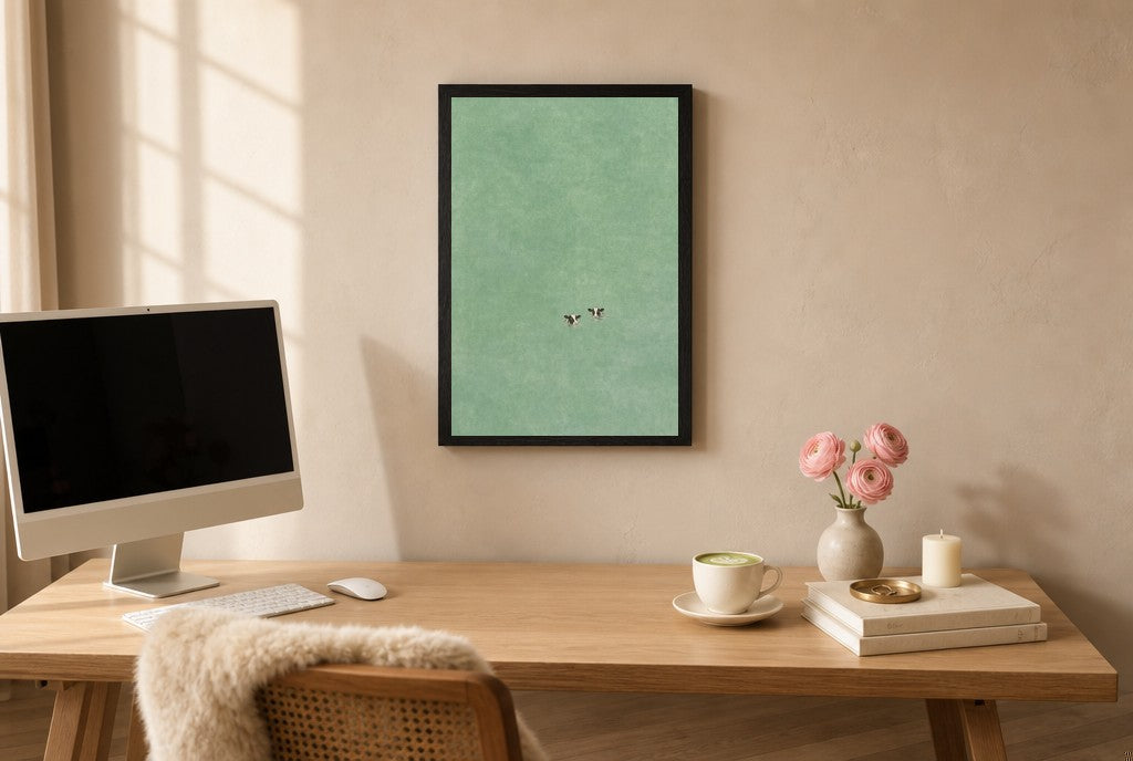Framed Calm Sea, Two of Us hung above a mid-century walnut console with ceramics.