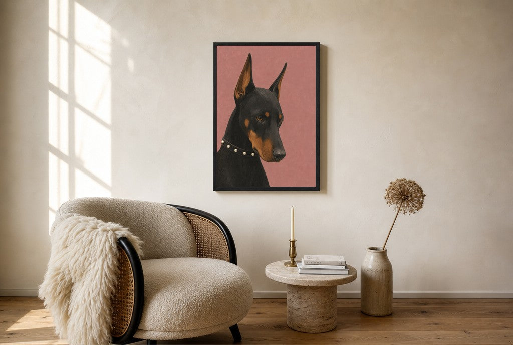 Oversized Doberman, Pearls leaning at the baseboard of a sunlit living room.