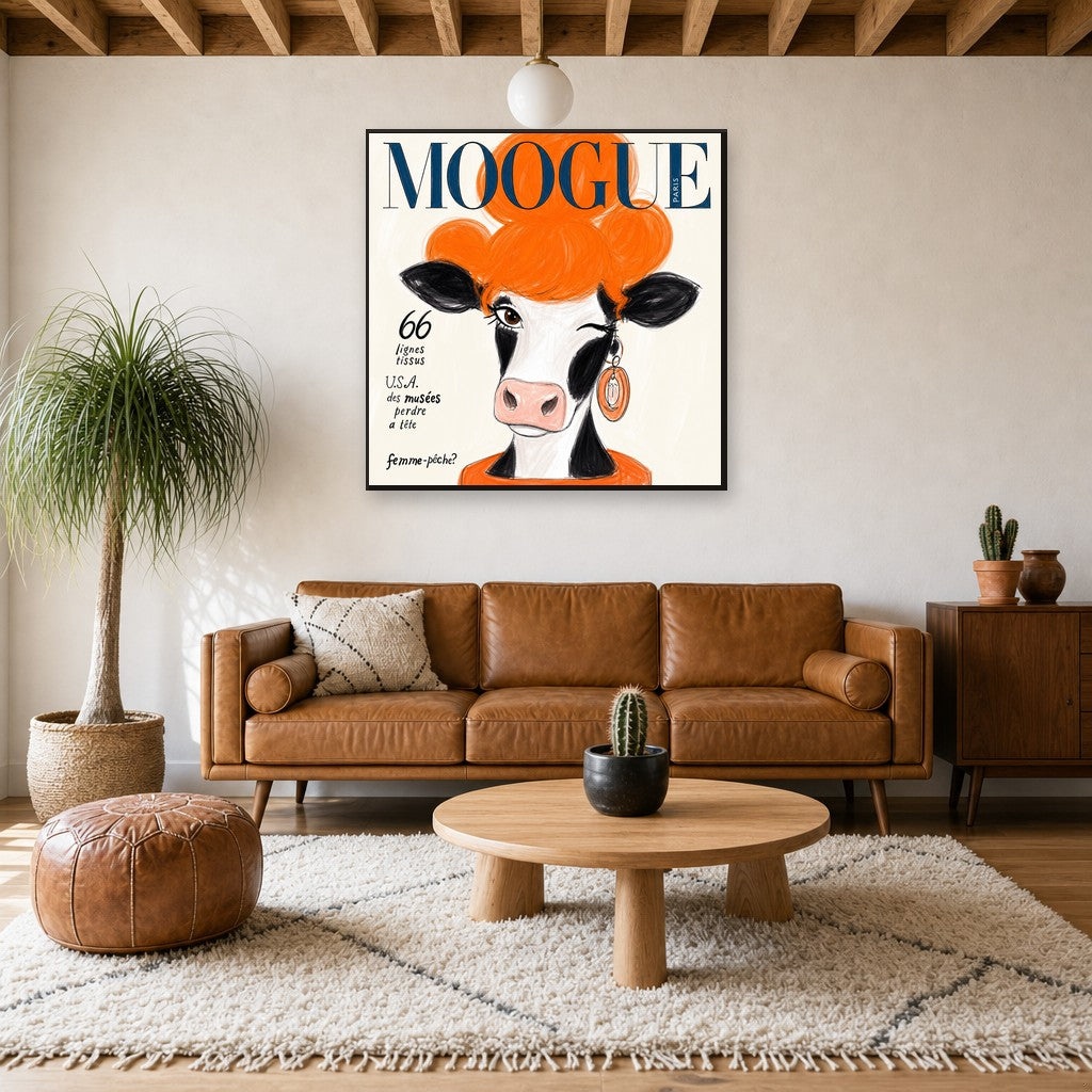 Framed MOOGUE Paris hung above a mid-century walnut console with ceramics.