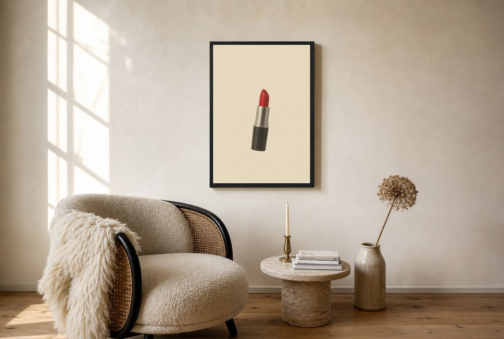 Oversized One Lipstick, Cream leaning at the baseboard of a sunlit living room.