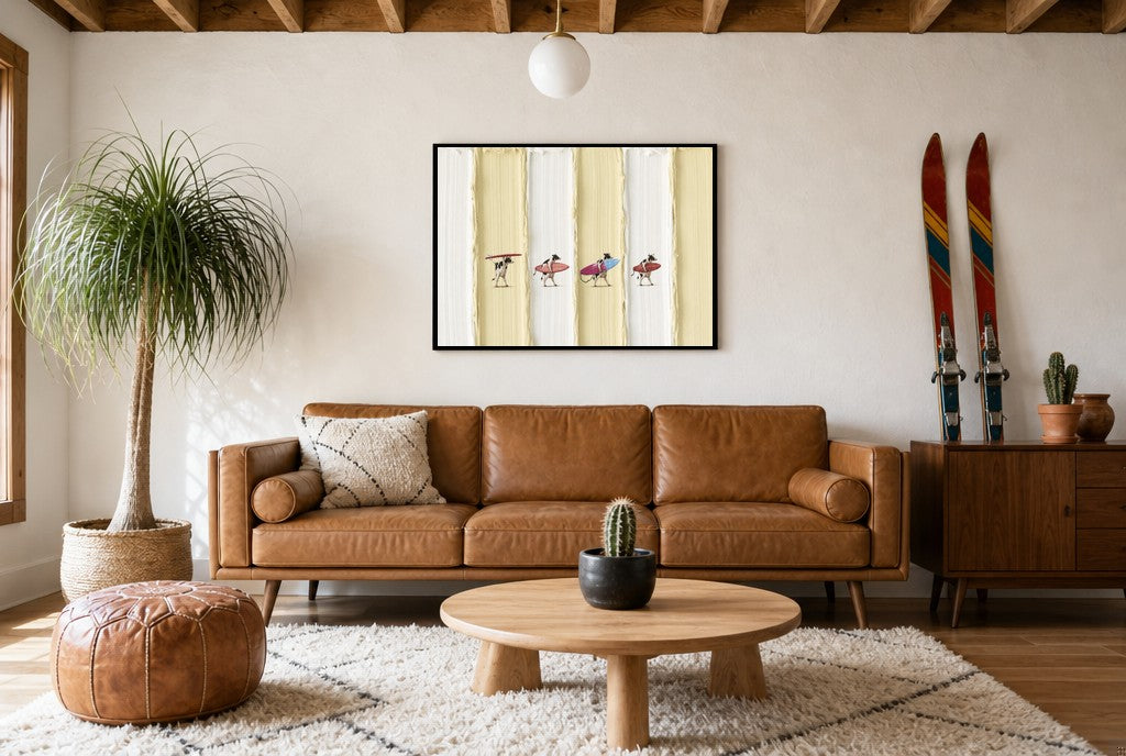 Framed Sand Pilgrimage hung above a mid-century walnut console with ceramics.