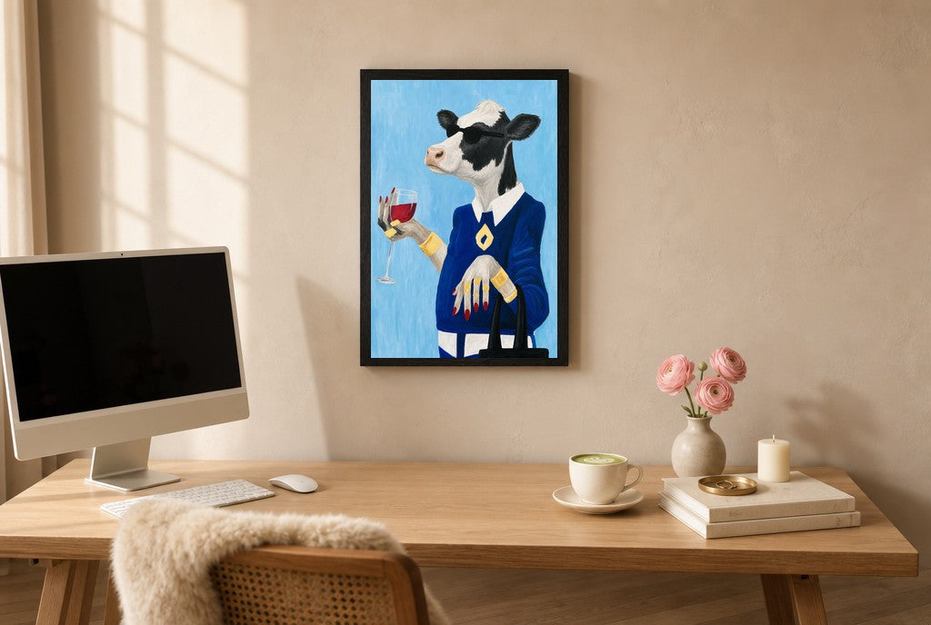 Framed Blazer and Bordeaux hung above a mid-century walnut console with ceramics.