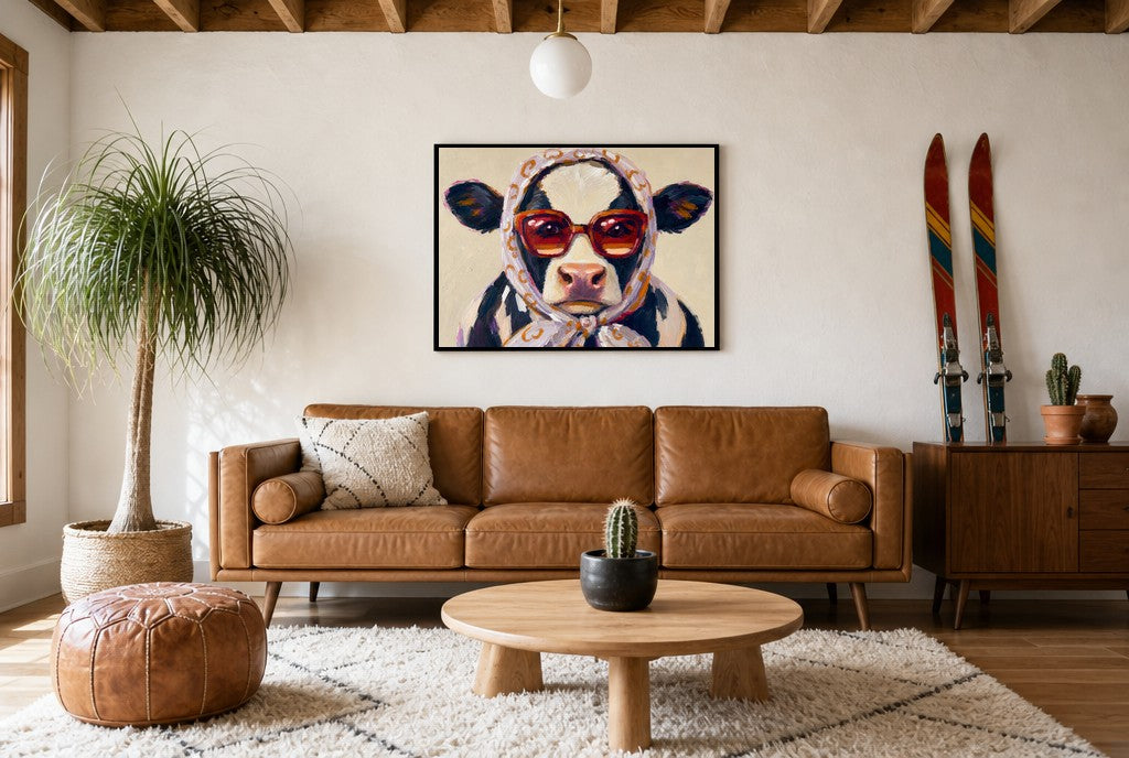 Framed Riviera Mood hung above a mid-century walnut console with ceramics.
