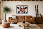 Framed Riviera Mood hung above a mid-century walnut console with ceramics.