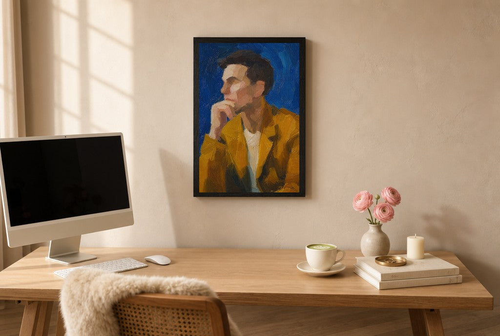Mustard Jacket, Blue, above mid-century console