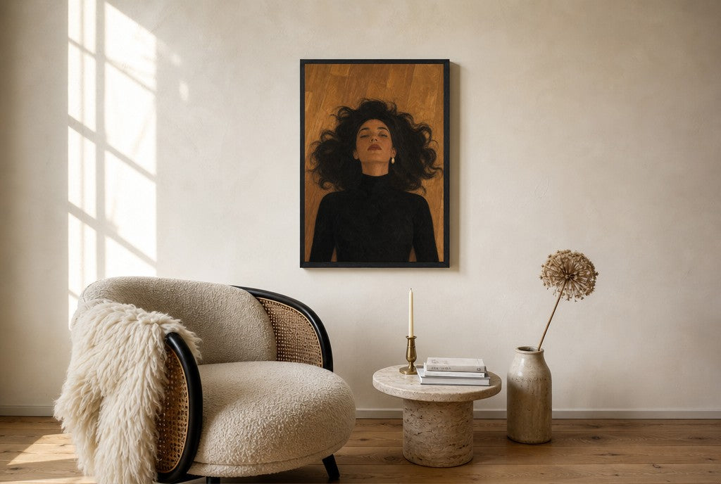 Oversized Hair on Floor leaning at the baseboard of a sunlit living room.