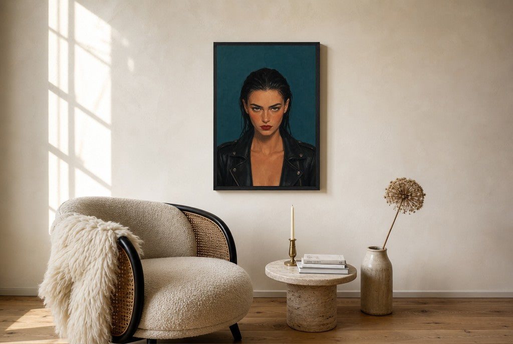 Oversized Leather Jacket, Teal leaning at the baseboard of a sunlit living room.
